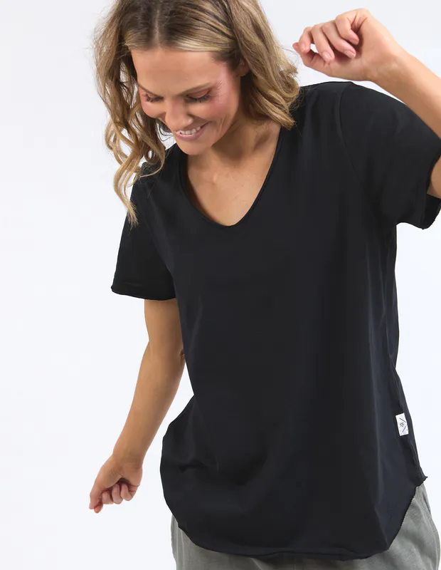 Model wearing Black Pima Vee Tee By Elm Available at Beetees Nelson