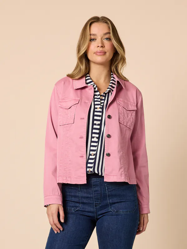 Model wearing Pink Retro Denim Jacket By Threadz Available at Beetees Nelson