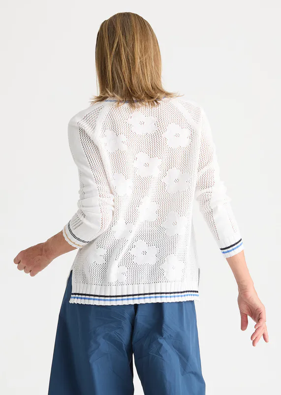 Model wearing White Floral Pointelle Vee By Zaket & Plover Available at Beetees Nelson