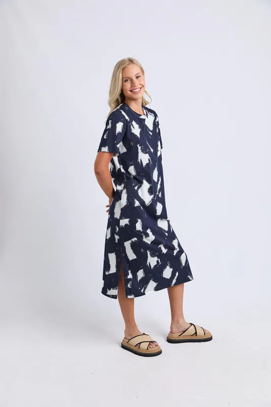 Model wearing Navy Klee Tee Dress By Elm Available at Beetees Nelson
