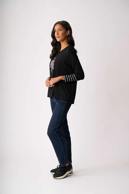 Model wearing Hydrangea Blocked Stripe Top By Foil Available at Beetees Nelson