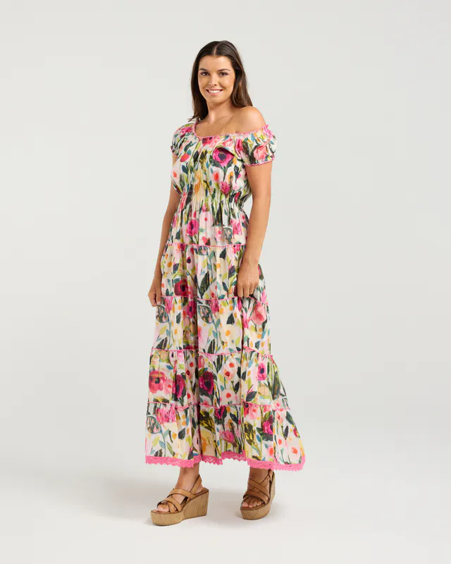 Model wearing Prime Rose Jazz Maxi Dress By NMBR Rose Available at Beetees Nelson