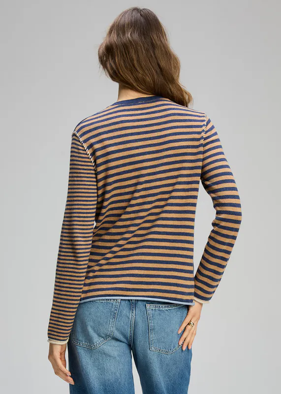 Model wearing Denim Varied Stripe Jumper By Zaket & Plover Available at Beetees Nelson