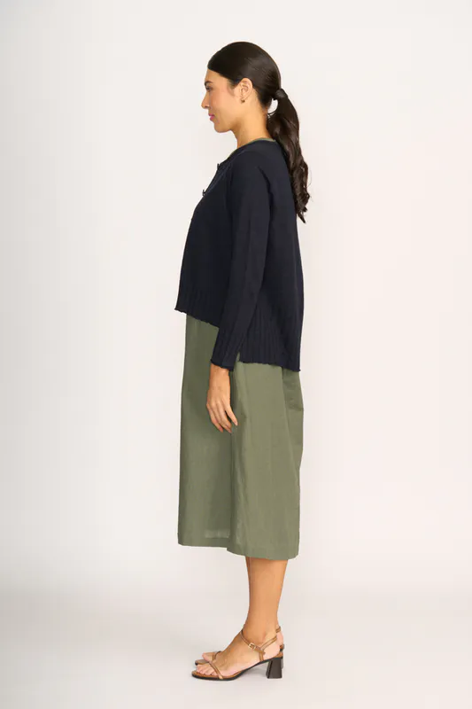 Model wearing True Navy Cardigan - Best Feature By Foil Available at Beetees Nelson