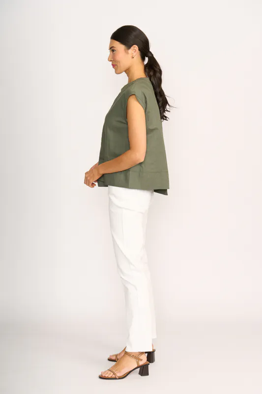 Model wearing Sage Cut Of Your Rib Top By Foil Available at Beetees Nelson