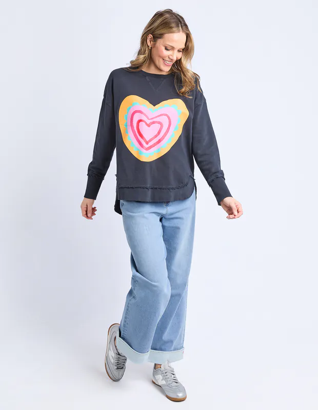 Model wearing Navy Flaming Heart Crew By Elm Available at Beetees Nelson