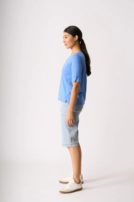 Model wearing Bluebird Tee - Wide Neck, Elbow Sleeve By Esplanade Available at Beetees Nelson
