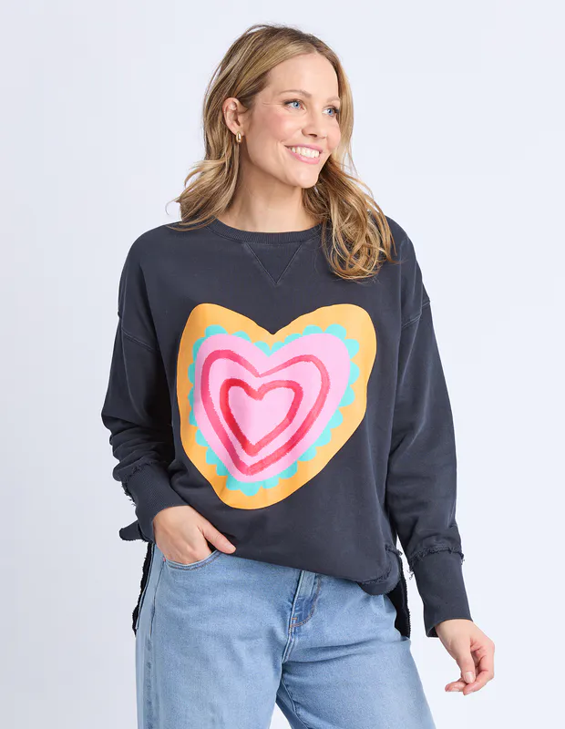 Model wearing Navy Flaming Heart Crew By Elm Available at Beetees Nelson