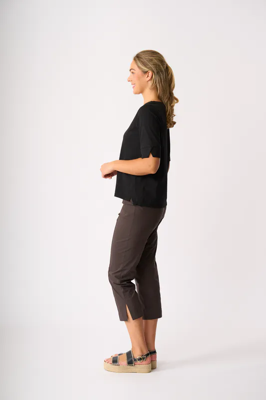 Model wearing Black V Neck Elbow Sleeve Top By Esplanade Available at Beetees Nelson