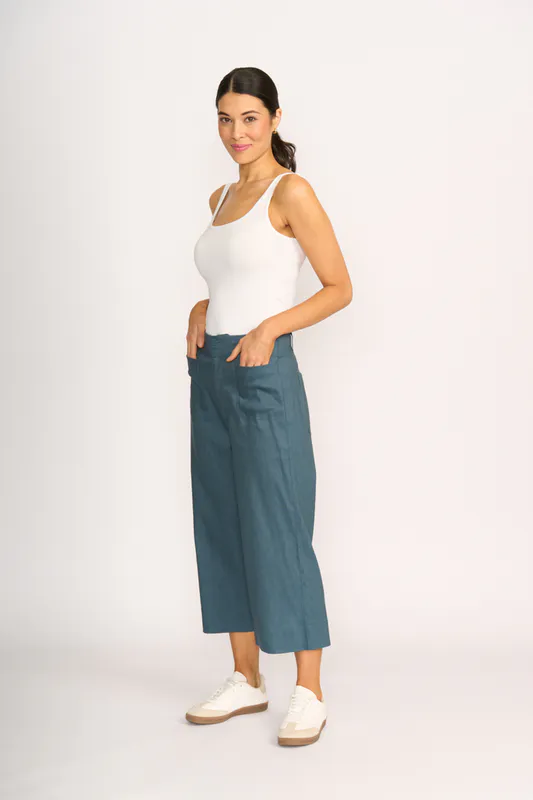 Model wearing Steel Trousers - Wide Leg, Mid Length By Oh Three Available at Beetees Nelson