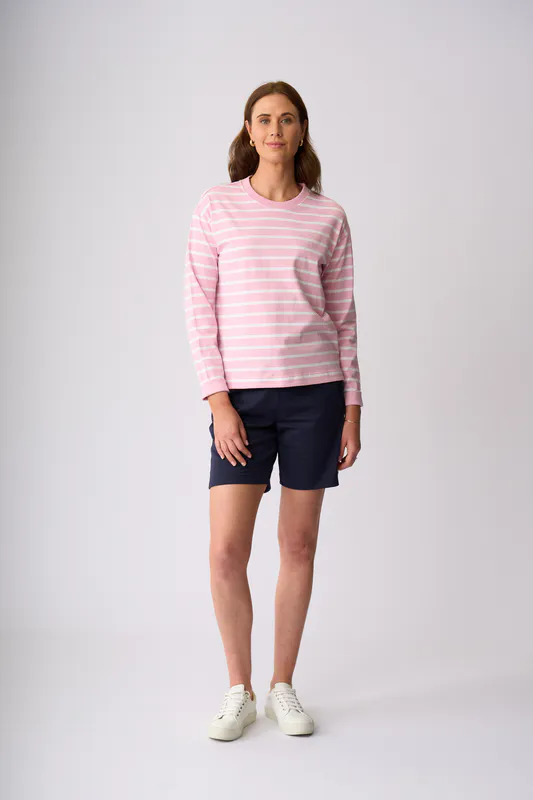 Model wearing Rose White Stripe Stewart Sweater By Charlie Jane Available at Beetees Nelson