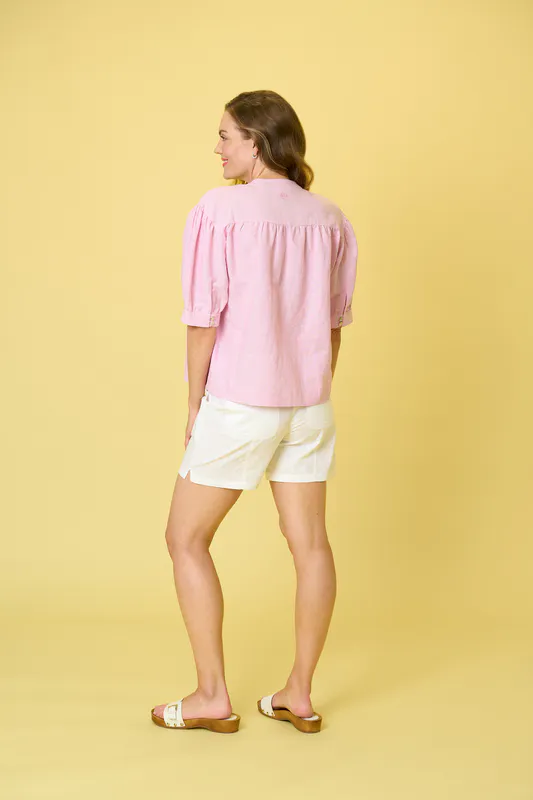 Model wearing Pink Stripe Windsor Shirt By Charlie Jane Available at Beetees Nelson