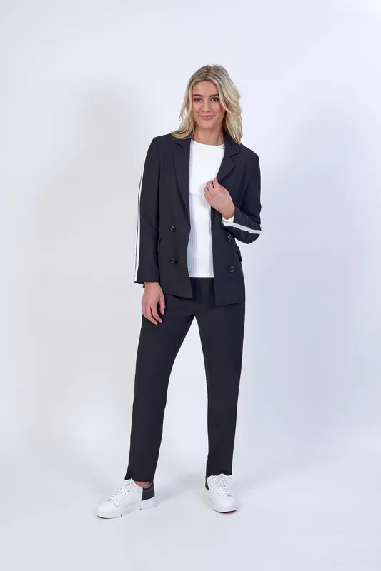 Model wearing Black/Off White Coloured Clementine Blazer By Knewe Available at Beetees Nelson