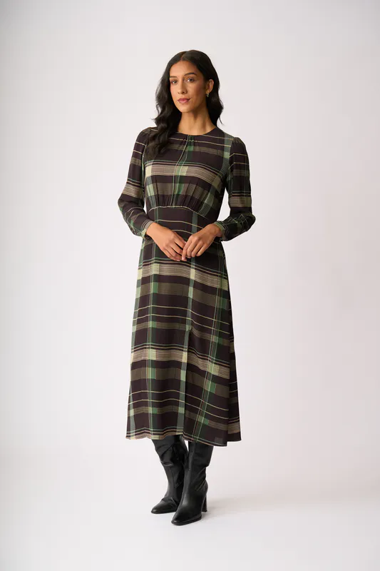 Model wearing Sage Check Gathered Detail Maxi Dress By Foil Available at Beetees Nelson