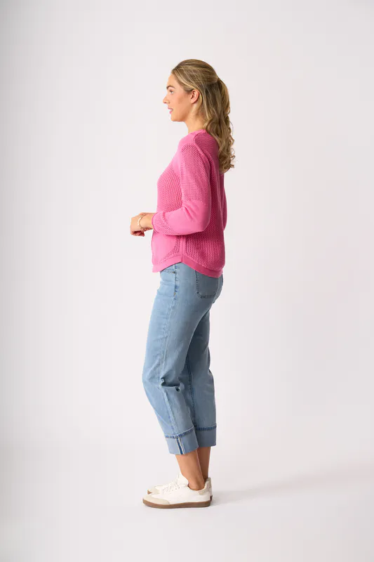 Model wearing Pink Spotted Sweater By Foil Available at Beetees Nelson
