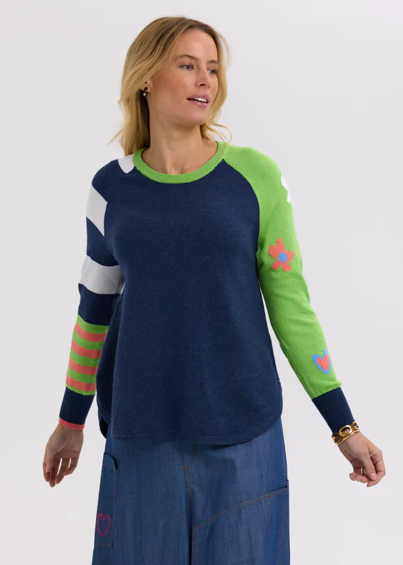 Model wearing Denim My Happy Jumper By Zaket & Plover Available at Beetees Nelson
