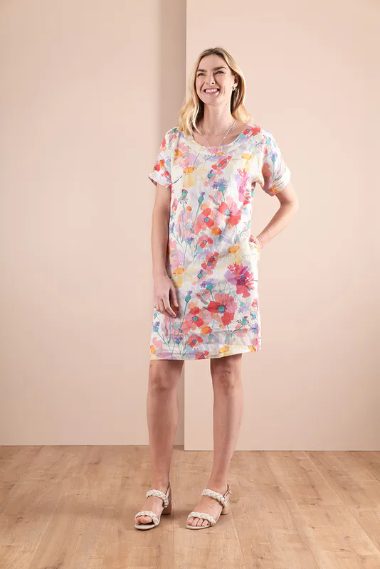Model wearing Monet's Garden Coloured Dress - Shift With Pockets By Preen availabe at Beetees Nelson