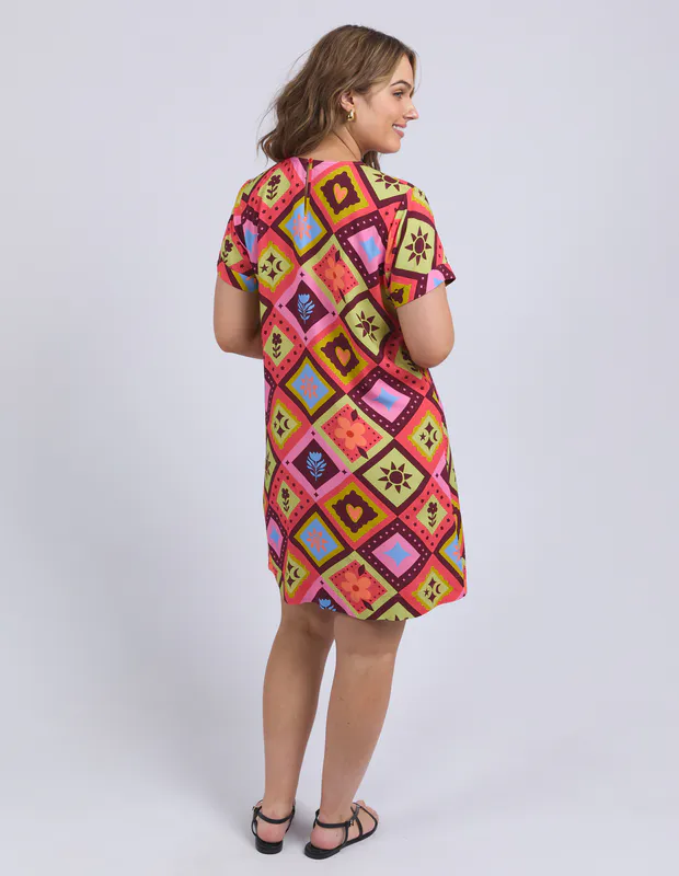 Model wearing Geo Print Rhode Dress By Elm Available at Beetees Nelson