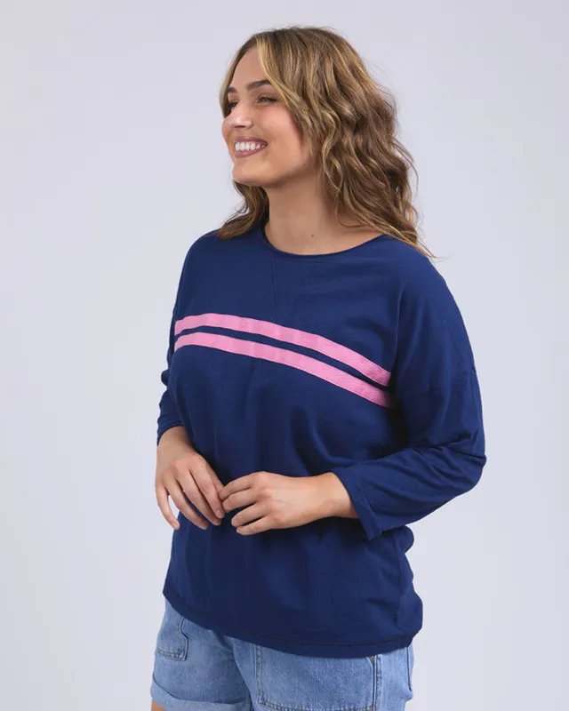 Model wearing Blue & Pink Coco Sweat By Elm Available at Beetees Nelson