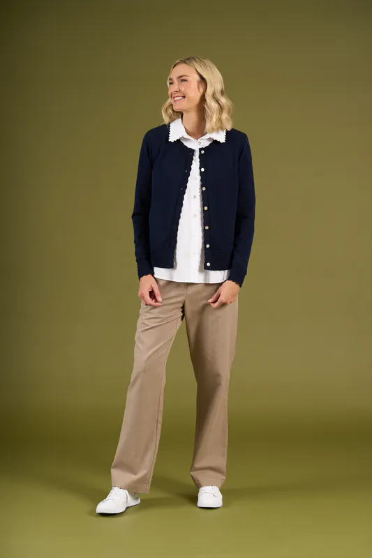 Model wearing Midnight Edgeware Cardigan By Charlie Jane Available at Beetees Nelson