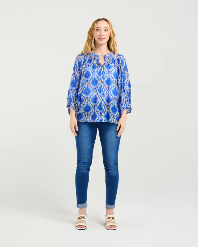 Model wearing Paisley Painting Juniper Top By Zafina Available at Beetees Nelson