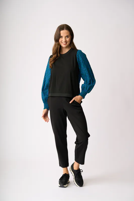 Model wearing Blue Spot Contrast Woven Top By Memo Available at Beetees Nelson