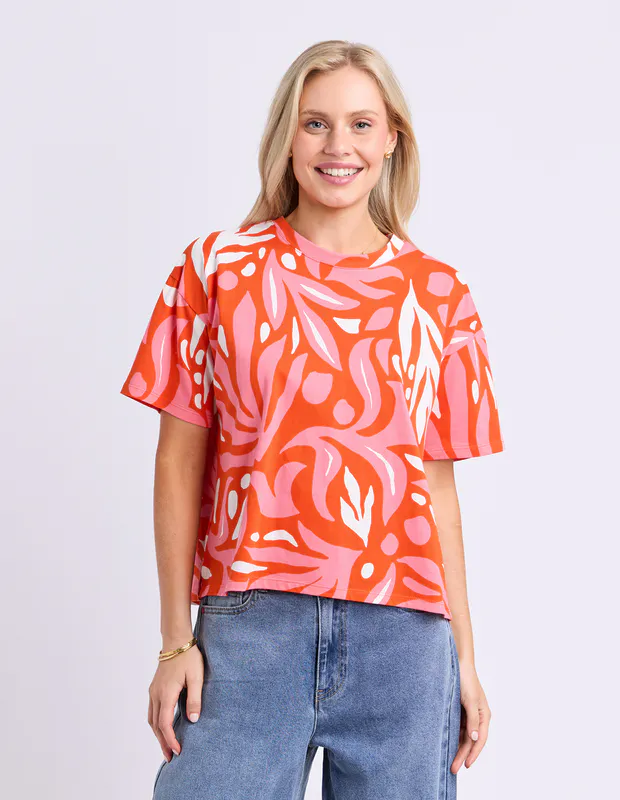 Model wearing Tangerine Oceana Tee By Elm Available at Beetees Nelson