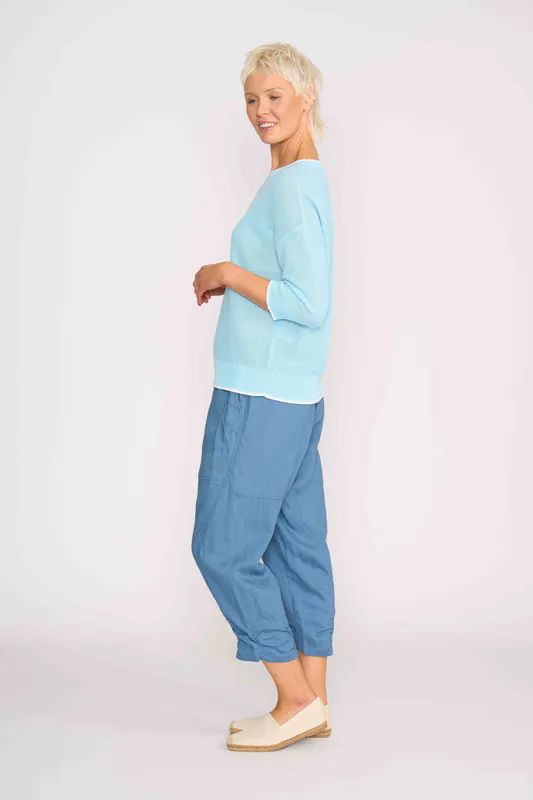 Model wearing Ice Blue & White Contrast Edge Jumper By OH Three Available at Beetees Nelson