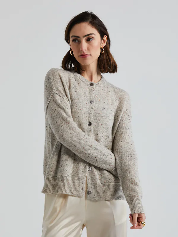 Model wearing Oat Donegal Cardi By LD + CO Available at Beetees Nelson