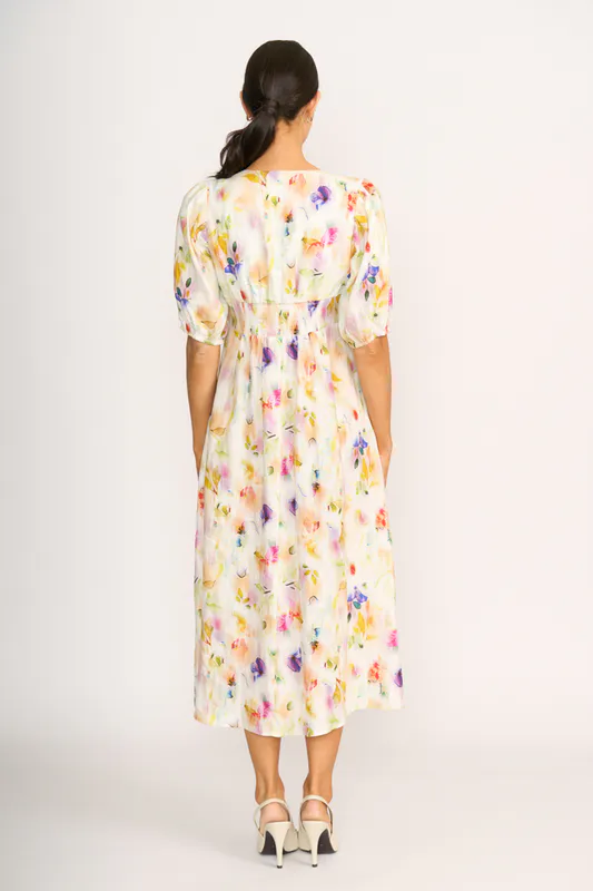 Model wearing Mist Floral Empire-Ly Yours Dress By Foil Available at Beetees Nelson