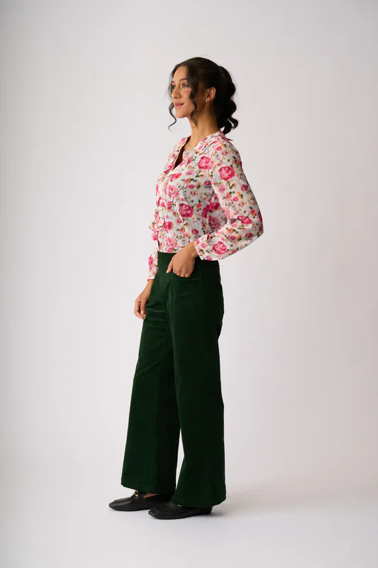 Model wearing Feminine Floral Ruffle & Lace Trim Blouse By Memo Available at Beetees Nelson