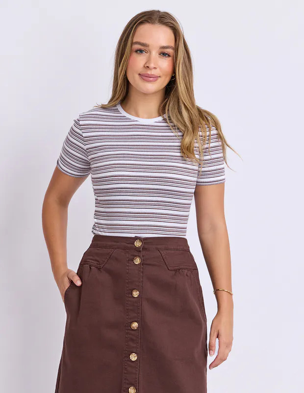 Model wearing Chocolate Leona Rib Top By Foxwood Available at Beetees Nelson