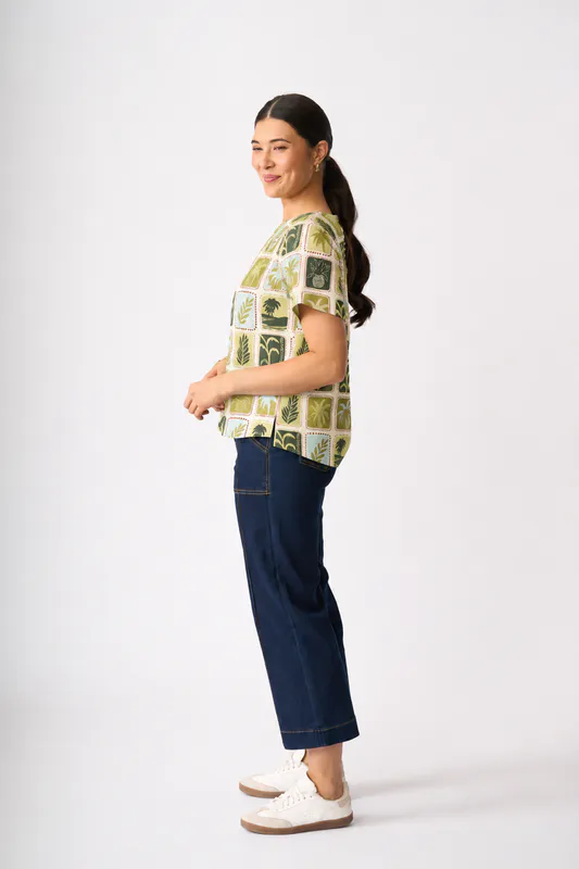 Model wearing Write Home Step Hem Top By Foil Available at Beetees Nelson