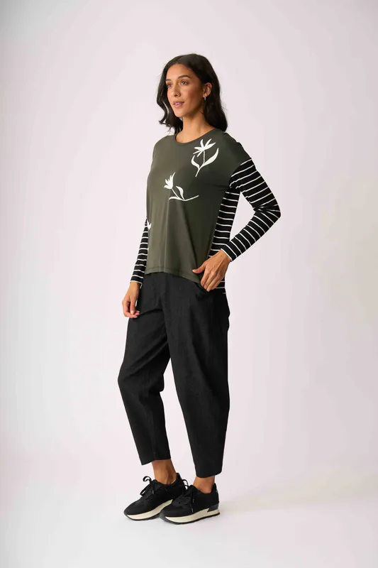 Model wearing Shadow Check Drop Shoulder Top By Foil Available at Beetees Nelson