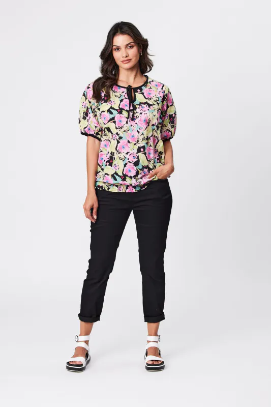 Model wearing Black Floral Coloured Verona Peasant Top By Classified available at Beetees Nelson