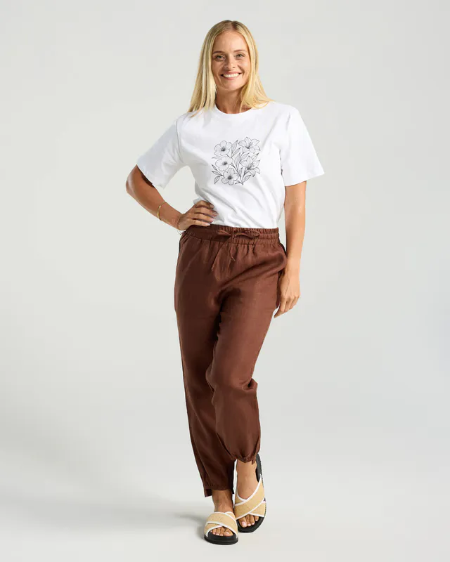 Model wearing Chocolate Carmen Pant By Blackstone Available at Beetees Nelson