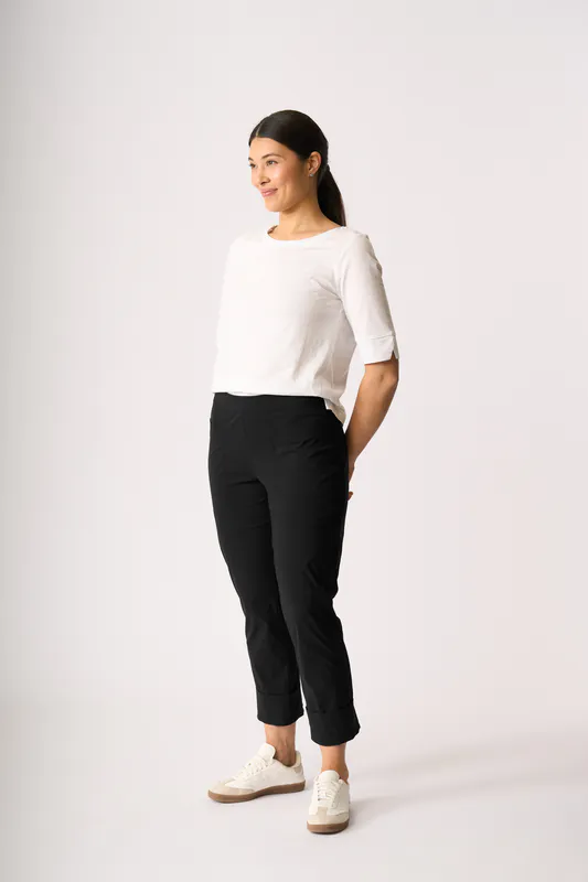 Model wearing White Tee - Wide Neck, Elbow Sleeve By Esplanade Available at Beetees Nelson