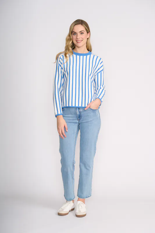 Model wearing Ocean Marle Snow Stripe Along Jumper By Memo Available at Beetees Nelson