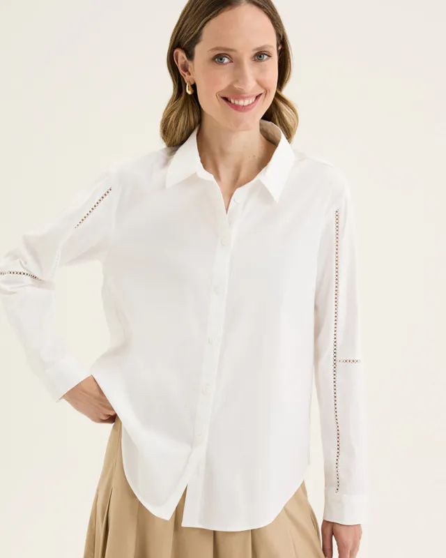 Model wearing White Pedirika Shirt By Yarra Trail Available at Beetees Nelson