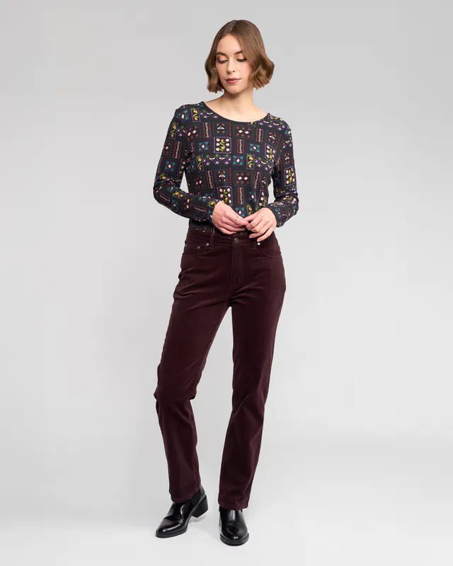 Model wearing Slate Arch Cord Pant By Vassalli Available at Beetees Nelson