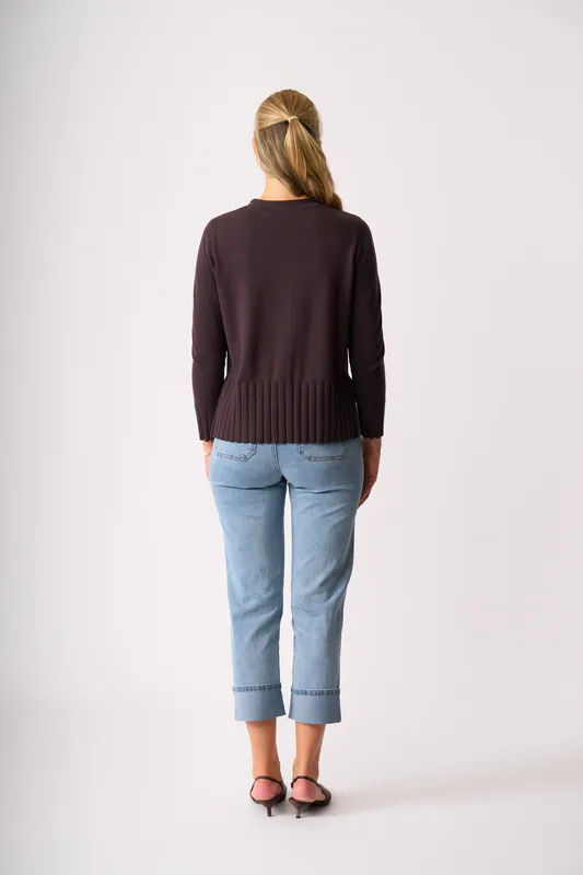Model wearing Chocolate Best Feature Cardigan By Foil Available at Beetees Nelson