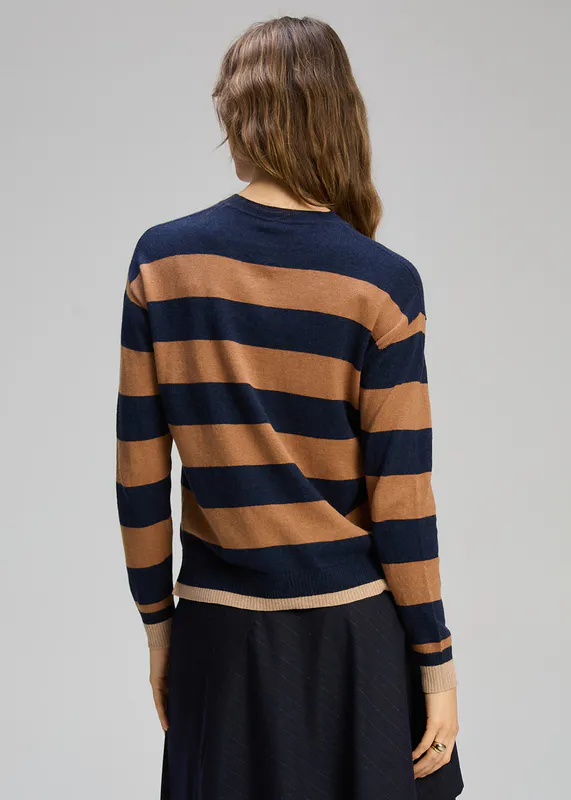 Model wearing Dk Denim Stripe Clash Jumper By Zaket & Plover Available at Beetees Nelson