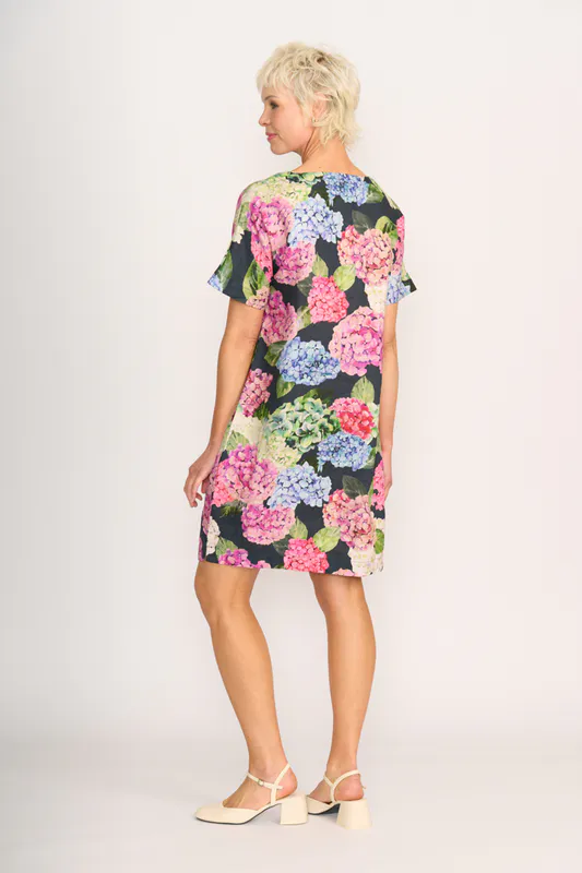 Model wearing Hydrangea Contrast Facing Shift Dress By Preen Available at Beetees Nelson