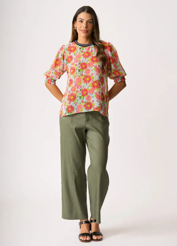 Model wearing Navy Floral Rib Trim Blouse By Memo Available at Beetees Nelson