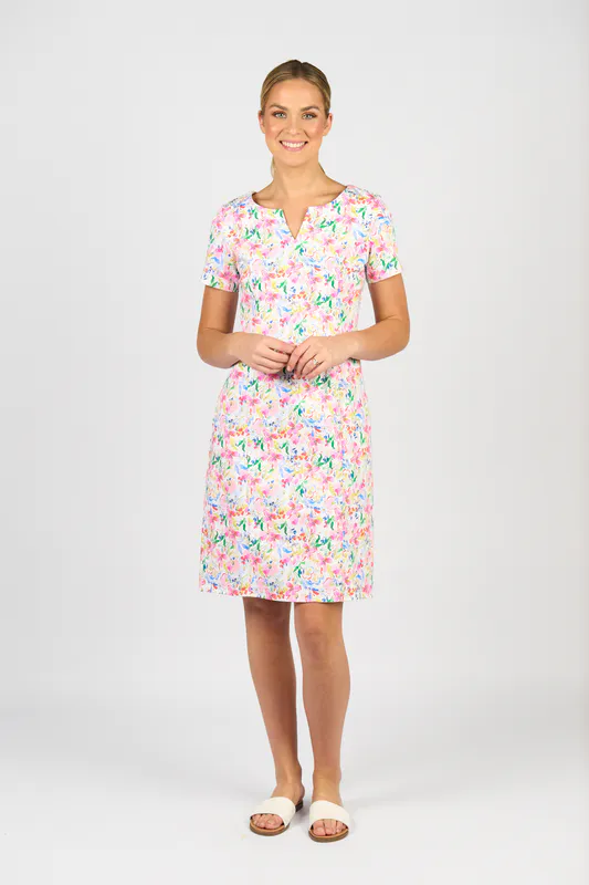 Model wearing Porto Printed Lightweight Fitted Dress with Short Sleeve By Vassalli Available at Beetees Nelson