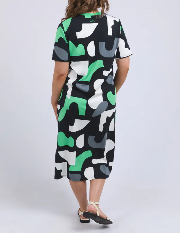 Model wearing Char Stijl Dress By Elm in Abstract Yardage Print Available at Beetees Nelson