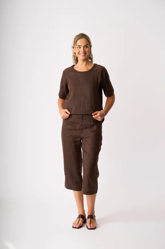 Model wearing Cocoa Scalloped Top By Foil Available at Beetees Nelson
