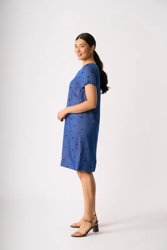 Model wearing Blue Spot On A Line Dress By Oh Three Available at Beetees Nelson