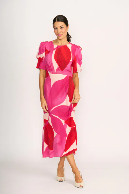 Model wearing Petals Gathered Sleeve Dress By Foil Available at Beetees Nelson