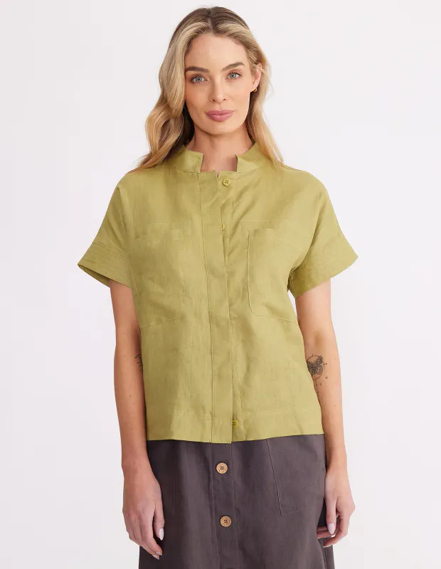 Model wearing Olivine Coloured Short Sleeve Topstitch Jacket By Yarra Trail  Available at Beetees Nelson